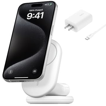 Belkin MagSafe-Compatible Charger, 2-in-1 Magnetic Foldable Charger 15W - Qi2-Certified Wireless Charging for Apple iPhone 16, Apple Watch, Samsung Galaxy S25 w/Non-Slip Base, PSU Included - White
