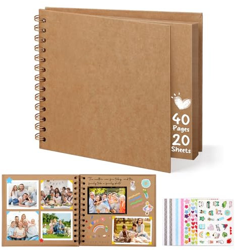 DazSpirit Album Photo Scrapbooking, 6-inch Album Photo Personnalisable, Carrée DIY Livre Scrapbooking avec 5 Autocollants, Livre d'or Anniversaire Photo pour Mariage et Bébés, Marron, 40 Pages