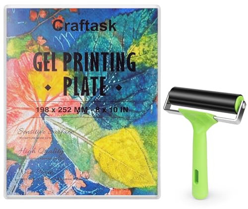 Plaque d'impression gel réutilisable – 20,3 x 25,4 cm – Plaque en gel avec rouleau en caoutchouc pressé, fournitures de fabrication de cartes, arts et artisanat, scrapbooking et journal intime