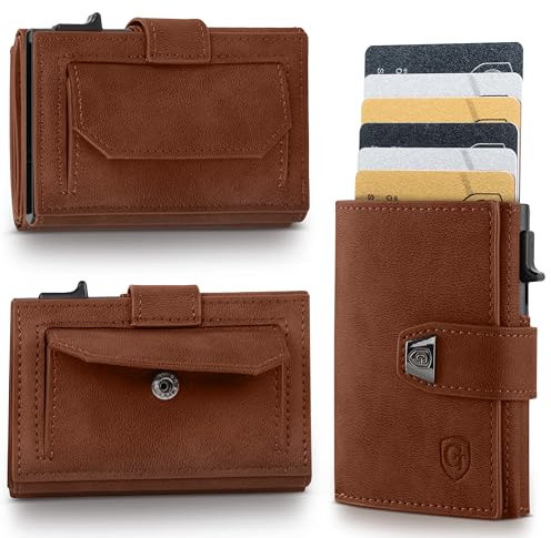 GENTO Geldbörse – kompaktes Portmonee aus Mikrofaser – RFID-Schutz – Premium-Qualität – 8 Kartenfächer – Münzfach mit Druckknopf – 3 Farben – Schiebemechanismus für Karten – Geschenkbox (Braun)