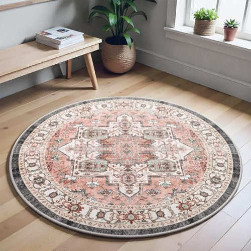 Carvapet Waschbar Teppich Rund 120cm rutschfest Dünner Teppich Gegend Kreis Rosa Retro Medaillon Fußboden Matte für Wohnzimmer Schlafzimmer