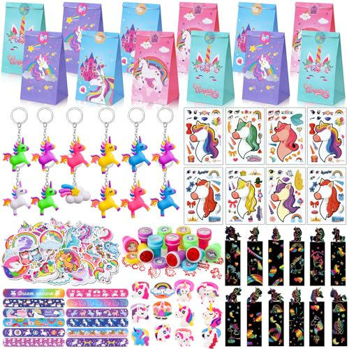 184Pcs Einhorn Party Mitgebsel Kindergeburtstag Mädchen Einhorn Kratzbilder Schnapparmband Schlüsselanhänger Ringe Stempel DIY Aufkleber Geschenktüten Give Away Mitbringsel Geburtstag Geschenke Kinder