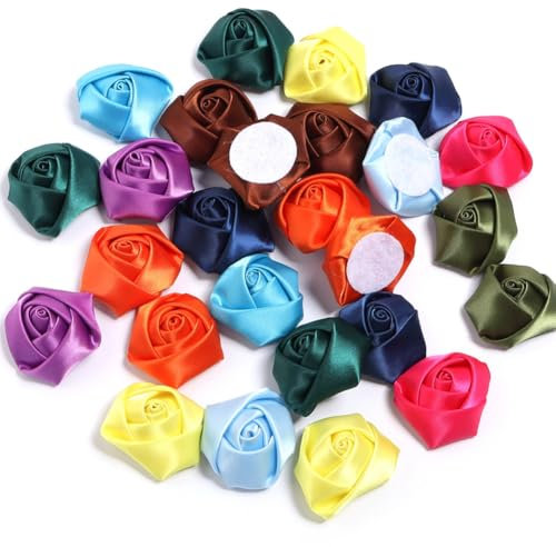 Wisafory 20 Stück Satinrosen Schleifen Rosen Mini Künstliche Blumen Rosen Köpfe Satinröschen Aufnäher Deko Rosen Blumen-Applikationen für DIY Basteln Scrapbooking Haarschmuck Mischfarben 2 cm