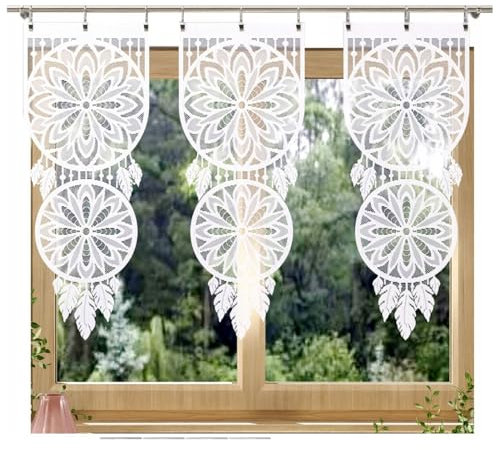 Home Dekorator Weiß Schiebegardinen Küche 40x130cm | Küchengardinen Modern | Scheibengardine aus Spitzenstoff | Fenstergardinen Spitze | Gardine Küchenfenster Traumfänger (1 Stück)