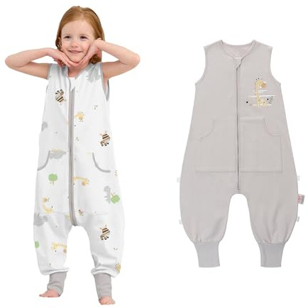 LAT Gigoteuse d'été pour Bébé avec Pieds, 0,5 TOG Sac de Couchage pour Bébé, 100% Coton Turbulette d'été Gigoteuse avec Jambes pour Bébé (Girafe+Gris, M)