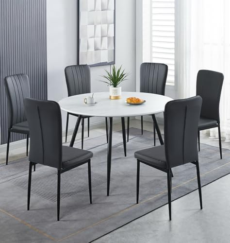 Hallowood Furniture Cullompton Large Round Dining Table and Chairs Set 6 | White Marble Effect Kitchen Table and Chairs Upholstered in Black Faux Leather and Metal Legs, Easy Assembly Dining Room Sets