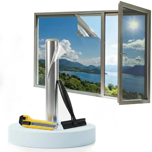 Spiegelfolie Fenster Sichtschutz Hitzeschutz 44.5X200CM Rückstandslos Sonnenschutzfolie Fenster innen 99% UV Schutzfolie Fensterfolie Blickdicht von aussen Kleberlos Spiegelfolie Selbstklebend