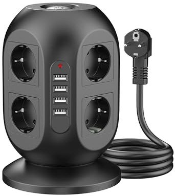 COLSTAR 8-Fach Steckdosenturm, 4 USB, 2 Schalter, Überspannungsschutz, 2m | Überspannungsschutz, 2500W Überlastschutz,Turm-Design, flammhemmendes ABS+PC, gummierte Unterseite,Schwarz