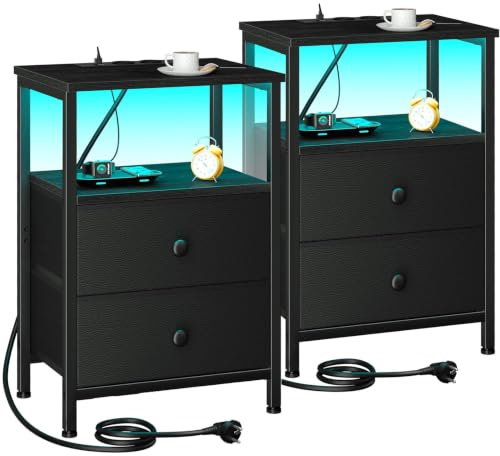 AMHANCIBLE Nachttisch 2er Set, Beistelltisch mit Ladestation | Sofatisch mit 2 Stoffschubladen und LED-Leuchten, Nachtschrank aus Holz mit offenem Regal für Schlafzimmer, Wohnzimmer