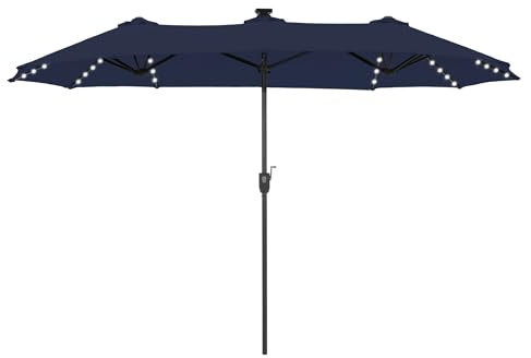 PHI VILLA Sombrilla rectangular grande para balcón, 380 x 200 cm, con manivela LED, protección UV, resistente al viento, azul marino