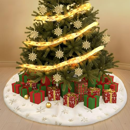 CYUaoao 122cm Weihnachtsbaum Decke Set, 48 Zoll Tannenbaumdecke Rund | Weihnachtsbaum Rock mit Lichtleiste und Schneeflockenornamente, Christbaum Teppich für Weihnachtsdeko, Party Deko