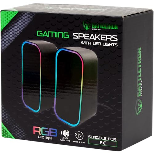 Battletron Enceintes Gaming PC avec Lumières LED RGB, 10W (2x5W) Haut-Parleurs Stéréo Filaire, Alimentation USB & Prise Jack 3.5mm, Plug and Play, Idéal pour Ordinateur de Bureau et Setup Gamer