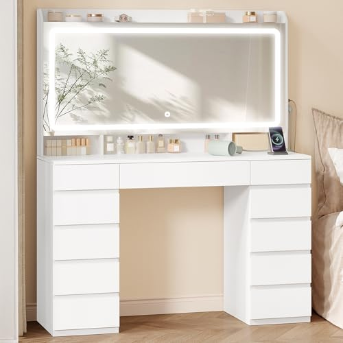 Hzuaneri Große Schminktisch mit LED-Beleuchtung, 39 x 108 x 144 cm, Weiß | Schminktisch mit Große HD-Spiegel, 3 Farben, Einstellbare Helligkeit, Frisiertisch mit 11 Schubladen,Schlafzimmer,DT43003XEU