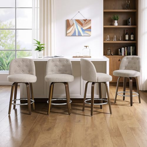 Bekrvio Juego de 4 taburetes de bar giratorios con patas de madera, acolchado grueso (10 cm) con respaldo, altura del asiento de 65 cm, silla de bar, taburete de bar, taburete de bar de 150 kg
