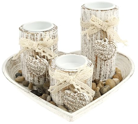 Teelichthalter Set mit Tablett 3 Kerzenständern 1 Beutel Steine Kerzenständer Holz Romantisch Tischdeko Wohnzimmer für Wohnzimmer Candlelight Dinner Hochzeitstafel