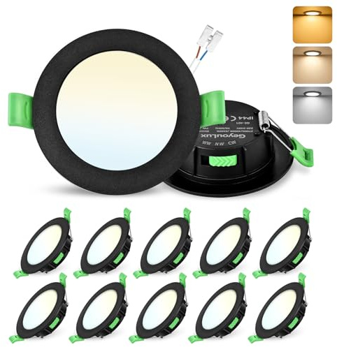 GeyouLux Einbaustrahler LED Dimmbar, 65-75mm Lochmaß Deckenspots 10er Set | 7W 700LM LED Einbaustrahler 230V , IP44 2700K/4000K/6500K , Extra Flach Spots Deckenleuchte für Badezimmer Küche, Schwarz