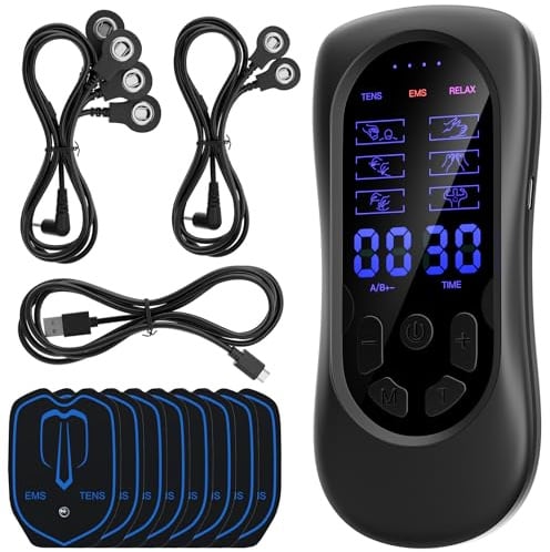 TENS/EMS/RELAX Gerät Schmerztherapie, 3-in-1 Einzelkanal Tensgerät mit 2 Flexibel Kabel (1x1-zu-2 & 1x1-zu-4), 6 Modi,18 Trainingsprogramme, Natürliche Therapien für Muskelaufbau