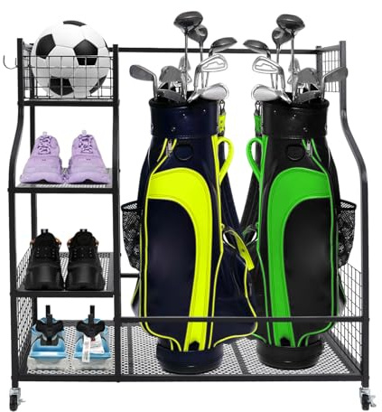 TouTToNG Golf Organizer für 2 Golftaschen und Golfzubehör, Golfschläger Aufbewahrungsregal mit Rädern, Golftaschenhalter mit Haken und Korb für Golfplätze und Clubs