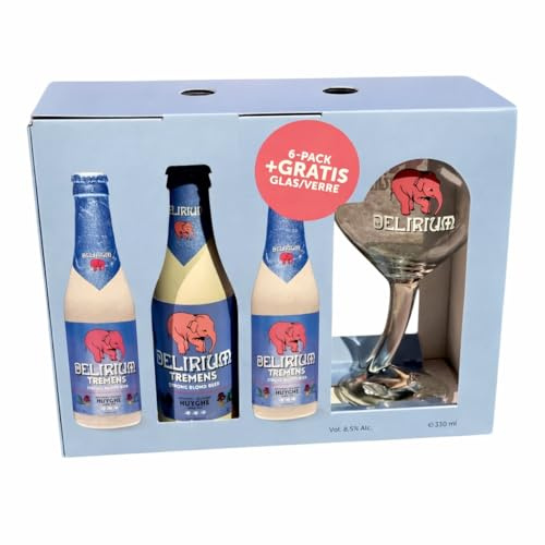 Générique Coffret Verre à Bière Delirium Officiel, Calice Tulipe 33cl + 6 Bouteilles, Style Art Déco, pour Dégustation ou Collection (Delirium Tremens Blonde)