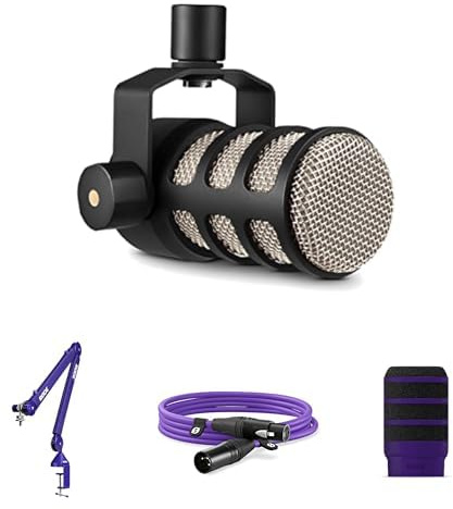RØDE PodMic Dynamic Microphone Bundle – PSA1+ Studio Arm, WS14 Pop Filter & 3m XLR Cable (Purple)