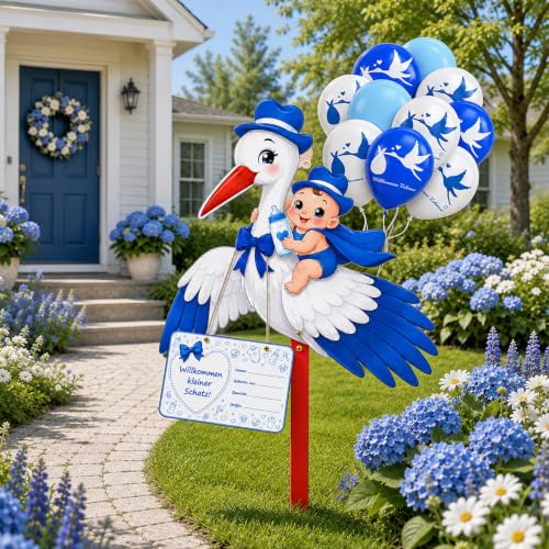 Storch Geburt Draussen,Klapperstorch Baby Blau,Klapperstorch zur Geburt Draußen+10Pcs Neugeborene Balloon,Beidseitig bedruckt,Geburtsstorch inkl Holzstab+ Namensschild Grußkarte