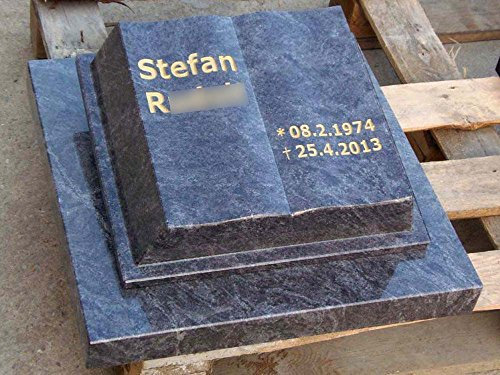 designgrab Grabstein offenes Buch – groß – aus Granit Orion Blue (Coromandel/Bahama Blue) – blau-grau, poliert & handgefertigt | mit Wunschgravur nach Absprache