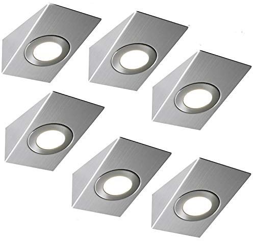 6 Pack | Bright 2.6W LED Under Cabinet Wedge Spot Lights & Driver Kit | Stainless Steel & Natural WHTE | Kitchen Worktop Countertop Cupboard Unit Down Light | Modern Lighting Fitting