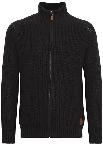 Solid Xenos Men's Cardigan Chunky Knit Jacket with Funnel Neck Made of 100% Cotton, Size:M, Colour:Black (9000)