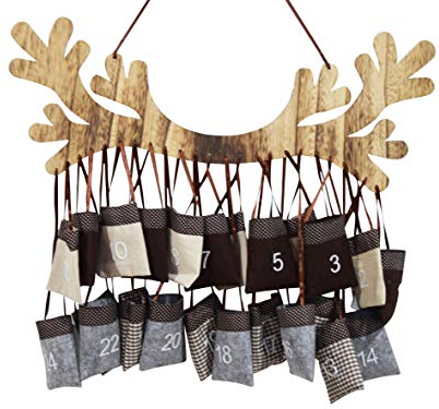 Adventskalender Rentier Geweih Holz 70cm mit Stoffsäckchen Weihnachtskalender