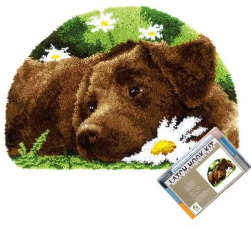 EMISTEM Latch Hook Kits for Adults - DIY Latch Hook Rug Kits for Kids, Crochet Kit for Beginners, Rug Making Kits with Printed Canvas, Gift Packaging. (Dog in Flowers,15x21)