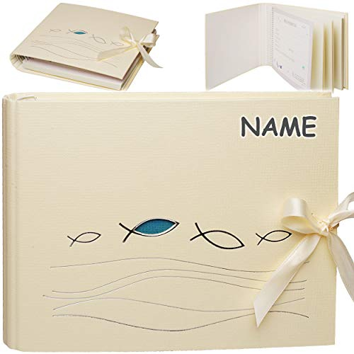 alles-meine.de GmbH Erinnerungsalbum/Fotoalbum Kommunion - Firmung - Konfirmation Mein besonderer Tag - inkl. Name - Ichthys - Creme - Buch Gebunden - blanko weiß - 50 Seit..