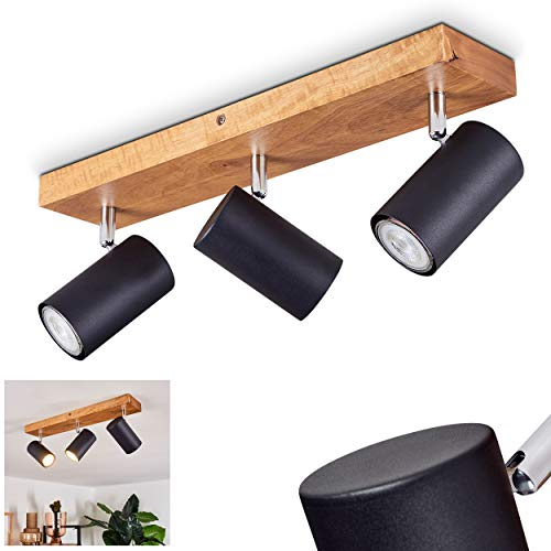Deckenleuchte Zuoz, Deckenlampe aus Metall in Schwarz und Holz, Vintage/Retro Look Zimmerlampe, Leuchtenköpfe sind dreh- und schwenkbar, 3 x GU10,ohne Leuchtmittel