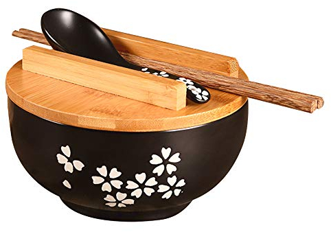 Jcevium Bol en céramique de style japonais - Vaisselle pour nouilles/salades - Avec revêtement en bois - En bois de rocher et bavoir