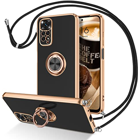 DUEDUE Hülle Mit Band für Xiaomi Redmi Note 11/11S 4G - 360 Grad Ring Stoßfeste Soft Silikon TPU Handyhülle Mit Ring - Schwarz