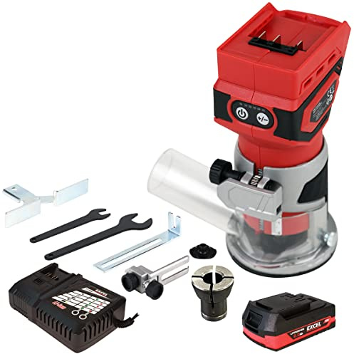 Excel 18V Cordless Router Trimmer with 1 x 2.0Ah Battery & Charger - Chuck Capacity 6mm - Speed 12000-30000 RPM - Brushes Motor - Shaft Lock - Dust Nozzle