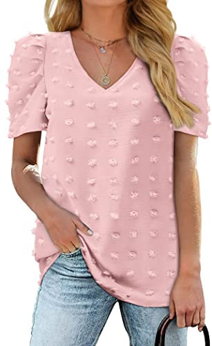 Aokosor Womens Tops Size 18-20 Ladies Pink Tops Ladies Blouses Summer T Shirts V Neck Puff Sleeve Swiss Dot Tops