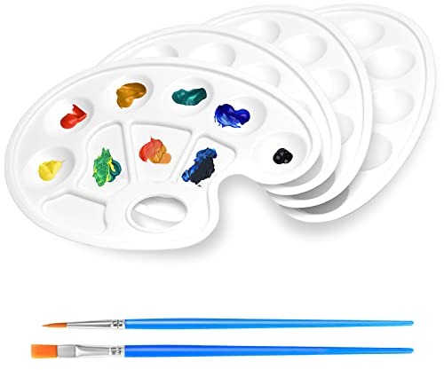 4 Stück Mischpalette, Malpalette mit 2 Stück Pinsel für Malen und Bastelarbeiten, Weiß