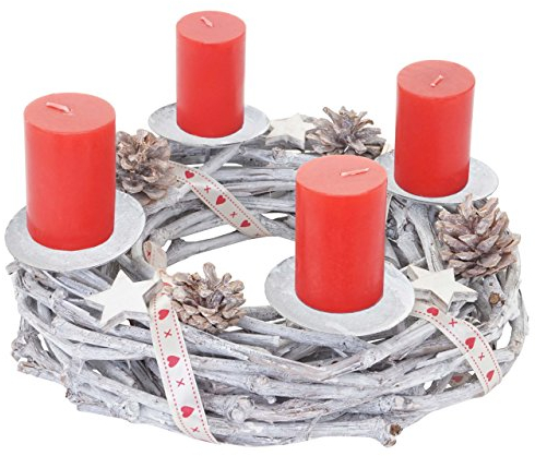 Adventskranz-AM rund, Weihnachtsdeko Tischkranz, Holz Ø 30cm weiß-grau - mit Kerzen, rot