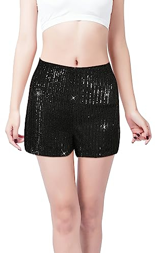LUTER Schwarze Pailletten Shorts - Hohe Taille, Elastisch, Glitzer-Party-Shorts, Eras-Tour-Outfits, Gerade Schnitt für Damen (Größe M)