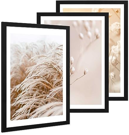 PHOTOLINI Bilderrahmen A2 Schwarz Holz MDF, 3er Set breiter A2 Bilderrahmen 42x59,4 zum Aufhängen, Rahmen 42x60 mit bruchsicherem Acrylglas & Zubehör - Poster Frame für Ihre stilvolle Wanddekoration