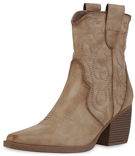 VAN HILL Damen Stiefeletten Cowboy Boots mit Trichterabsatz Metallic Stickereien