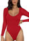REORIA Women's Sexy Basic V Neck Long Sleeve Body Suits Double Lined Seamless Slimming Fall Trendy Going Out Thong Bodysuit tops Red Medium