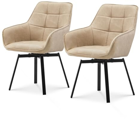 TUKAILAI Esszimmerstühle Drehbar 2er Set, Drehstuhl esszimmer Kunstleder mit Armlehnen Rückenlehne Gepolsterter Sitz Metallbeine, Armlehnstuhl Küchenstühle Polsterstuhl Sessel für Küche (Beige)