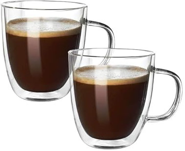 Fusion Food Care 2X Double Wall Glass Mugs 350ML Transparent Insulated Espresso Coffee Tea Mugs with Handle Freezer Safe Handmade Heat Resistive & Condensation Free Glass Cups