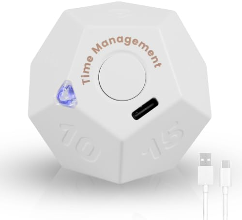 Mini Timer Digital Timer Würfel Pomodoro Timer Dodekaeder Flip Timer mit USB-Ladekabel LED-Anzeige Visueller Countdown Timer Ton- und Vibrationsalarm für Büro/Studium/Kochen/Sport (Weiß)
