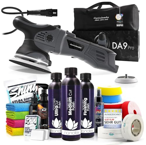 Poliermaschinen Set: chemicalworkz DA9 Pro Exzenter Poliermaschine + Nanolex Politur Set + Royal Pads Premium Polierpads + Dr. Wack Versiegelung für Lack + Zubehör | 20-teilig