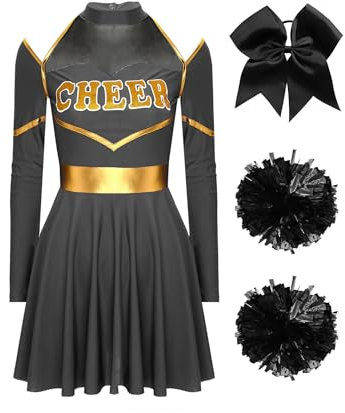 Aislor Cheer Leader Kostüm Damen Halloween Langarm Cheerleading Uniform Outfits Tanzkleid Mit Pompoms/harrband Karneval Cheerleading Kostüm Schwarz M