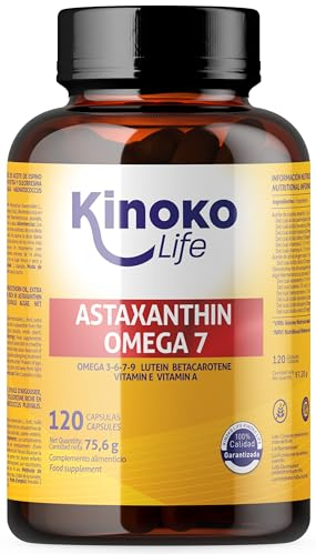 Astaxantina e Omega 7 dall'olio di olivello spinoso - 120 capsule con Omega 3, 6, 7, 9, luteina, betacarotene, vitamine E e A. Senza glutine. Senza OGM