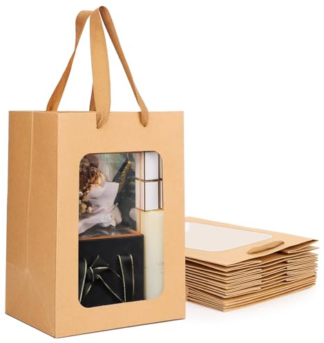 EUSOAR Geschenktasche mit Sichtfenster - 10 Stück Papiertüten Braun - 210GSM Papiertüten mit Henkel - 20x16x30cm Kraftpapier Geschenktüten mit Fenster - Verpackungstüten Geburtstag Hochzeit