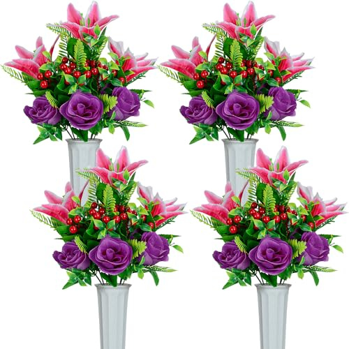 SIFOEL Artificial Cemetery Flowers for Grave, Set of 4 Artificial Rose Lily Flowers Bouquet with Vase for Outdoor Cemetery Headstones Graveyard Gravestone Decoration